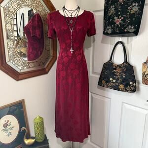 VTG 90s Laura Ashley Dark Romantic Red Floral Short Sleeve Vampy Midi Dress